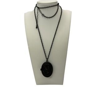 Matte Black Filigree Locket Necklace Iridescent Rhinestone Gothic Oval Pendant